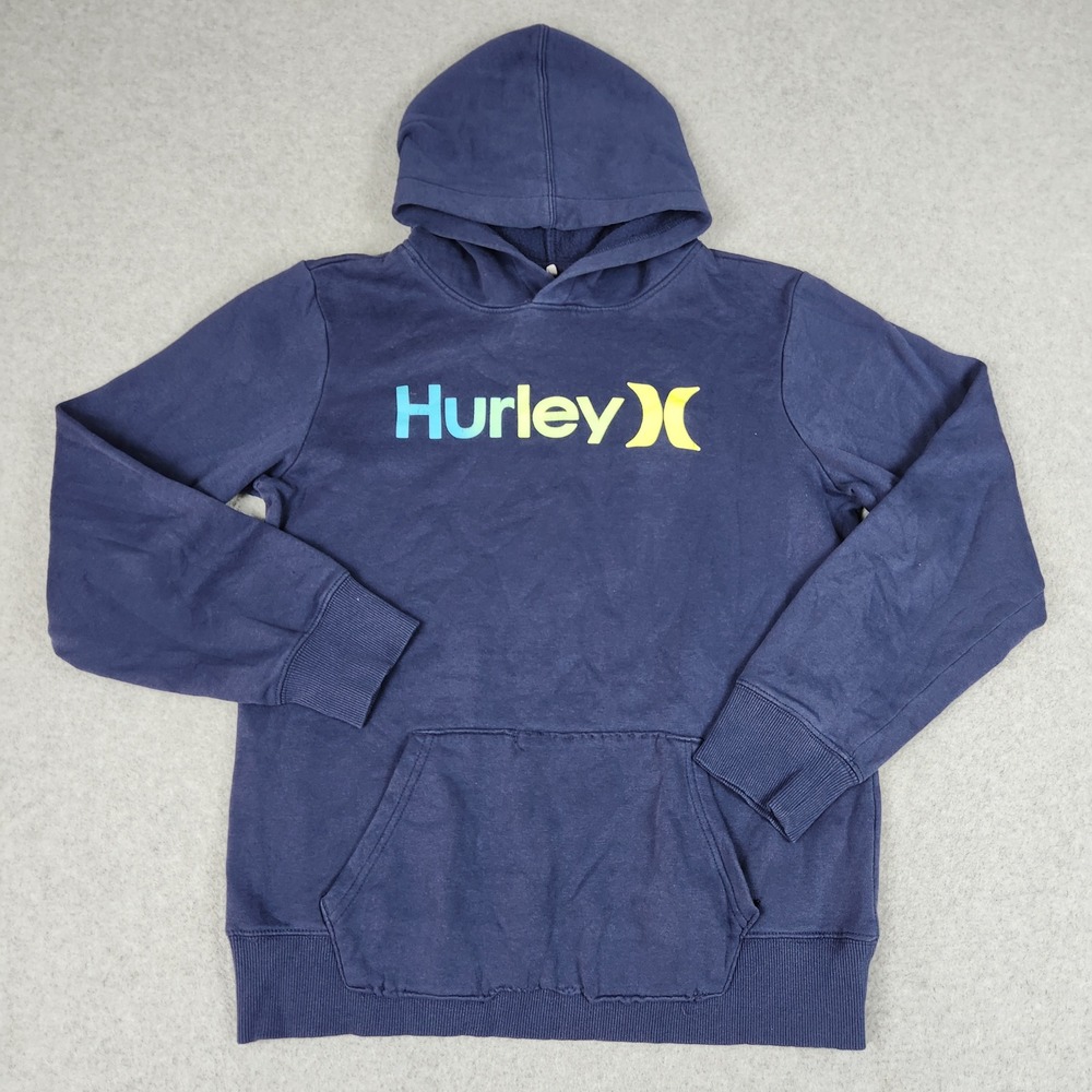 Hurley Hoodie Kids 18/20 Navy Blue Fleece Lined Spellout Logo Stretch Pullover